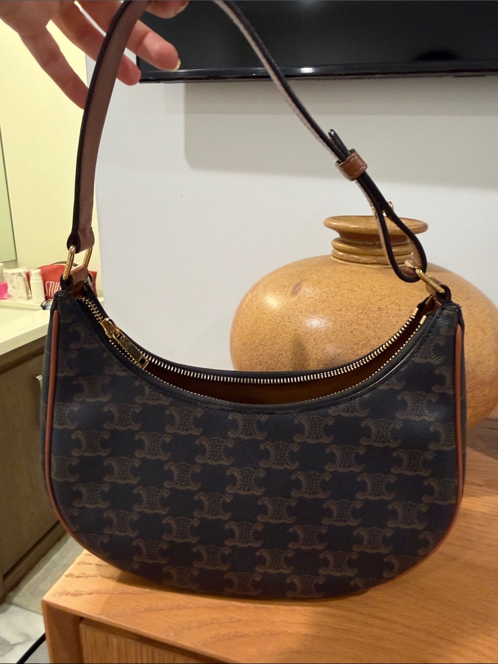 Celine Brown Logo Crescent Shoulder Bag with Tan Trim